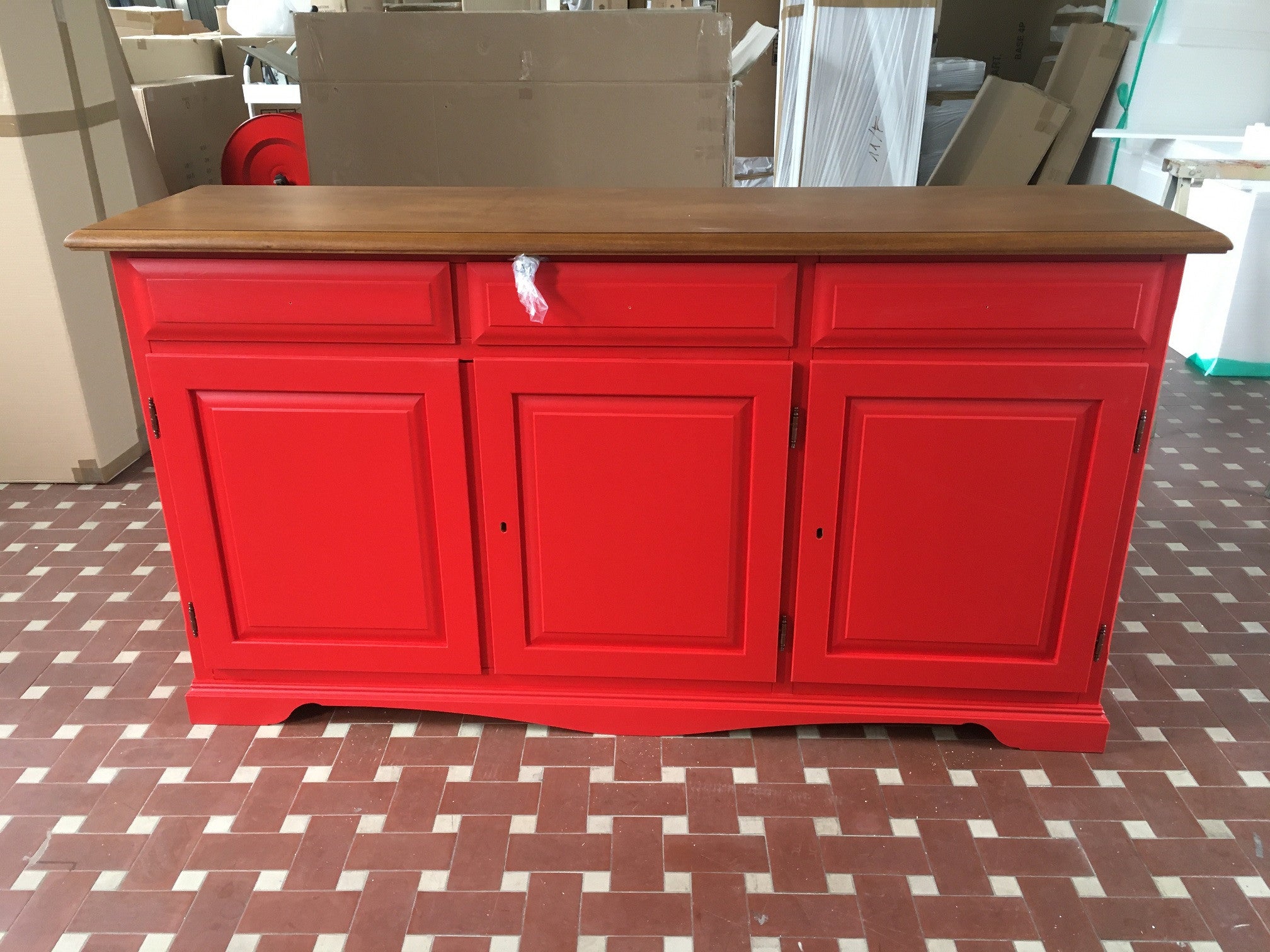 Madia credenza in legno laccato pennellato rosso  l.156 p.42 h.85 - Mobili 2G