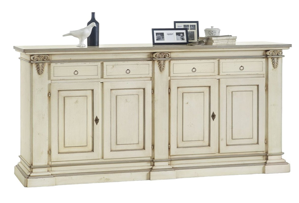 Madia credenza legno shabby  4 porte avorio anticato filo grigio 240x55x115 - Mobili 2G