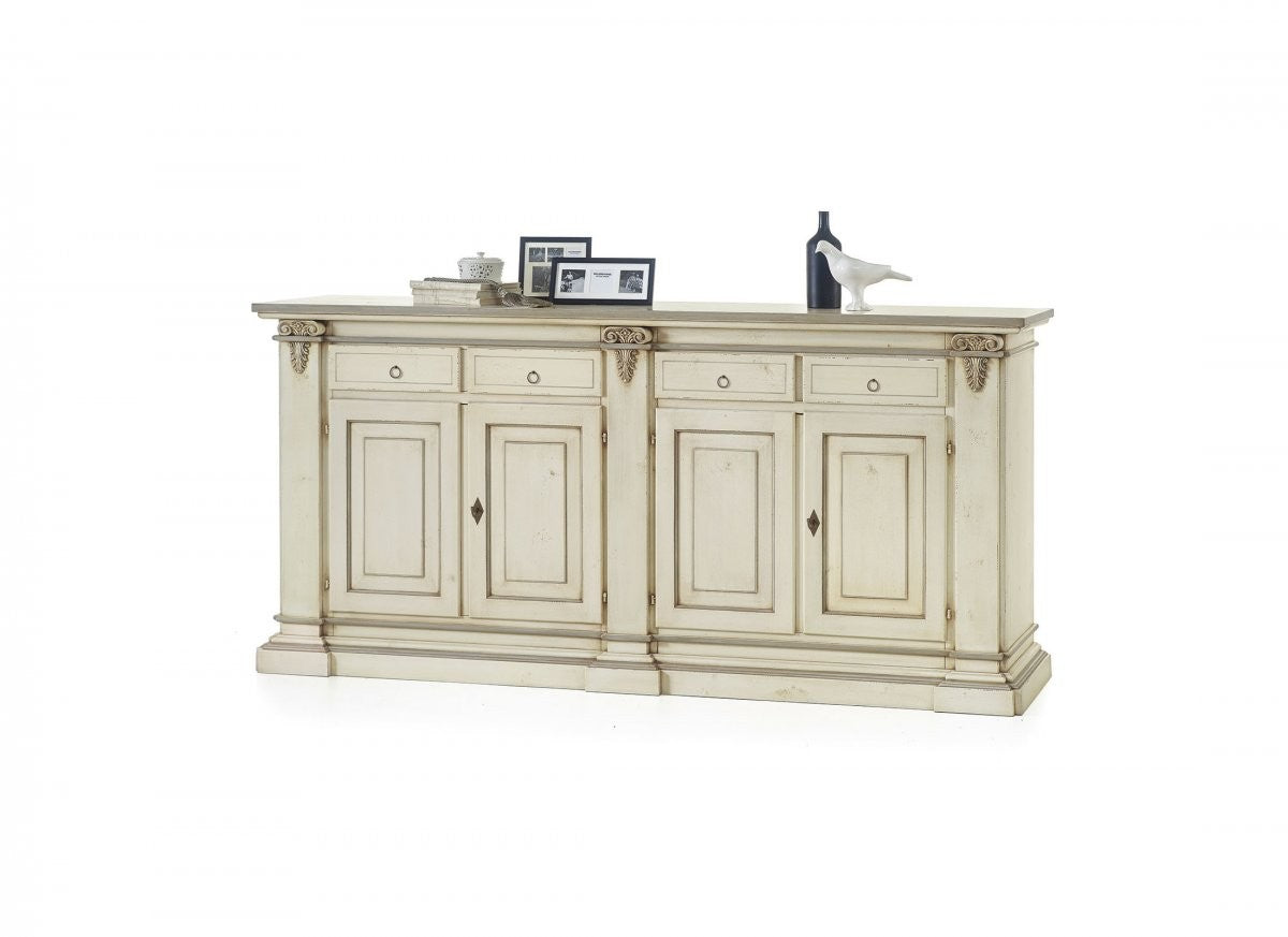 Madia credenza legno shabby  4 porte avorio anticato filo grigio 240x55x115 - Mobili 2G