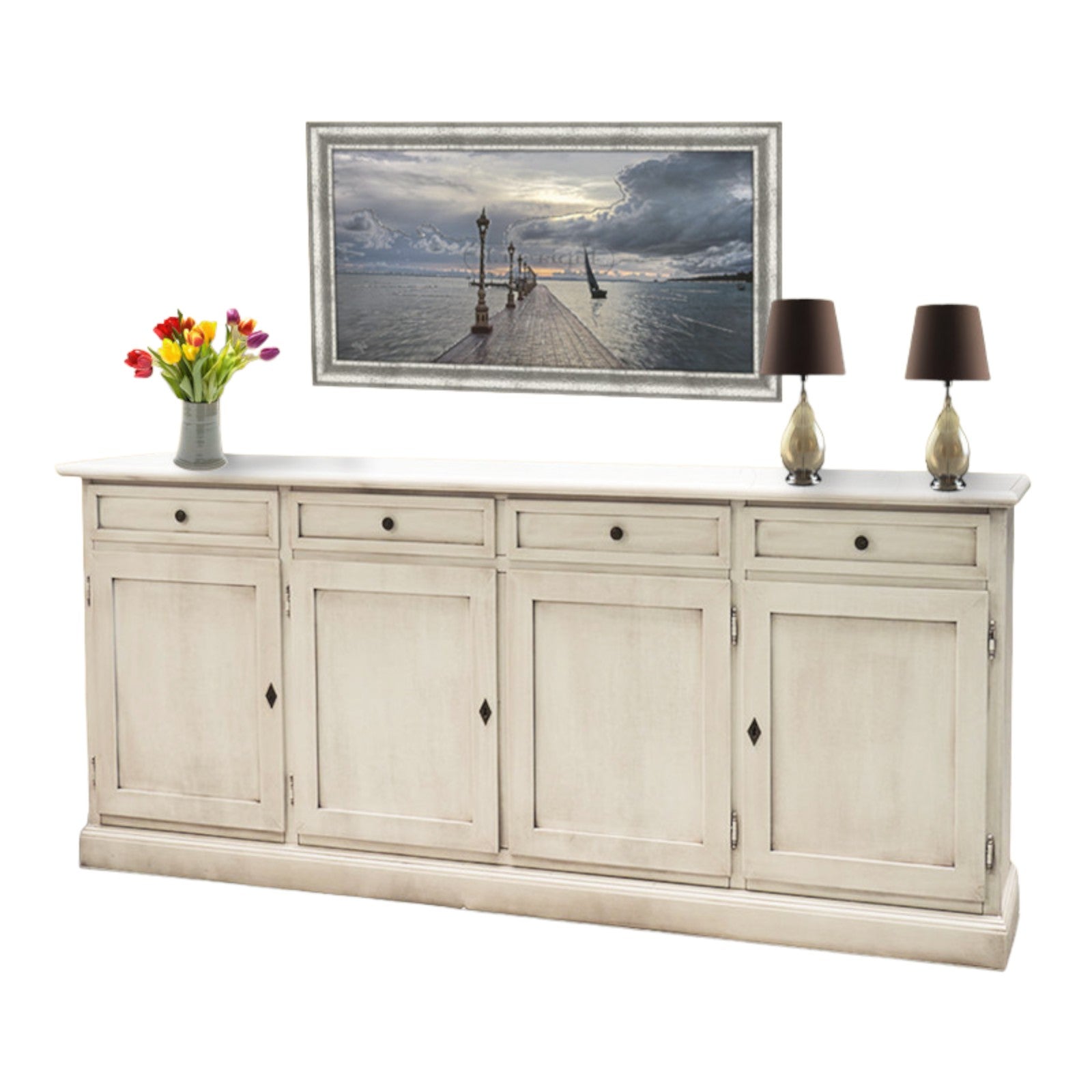 Madia credenza shabby chic in legno 4 porte bianco invecchiato 205x42x85 - Mobili 2G