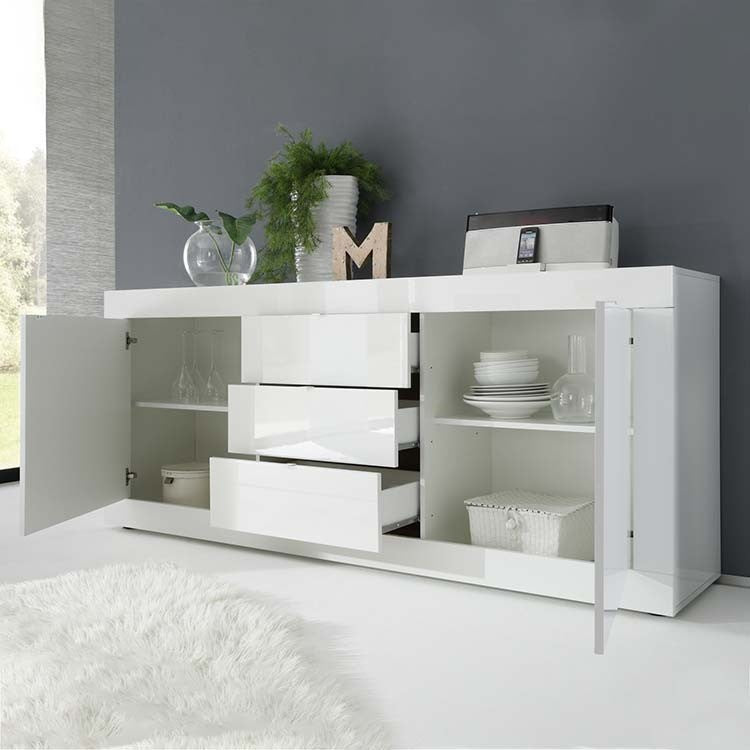 Madia moderna 2 ante 3 cassetti bianco lucido 210x43x86 - Mobili 2G