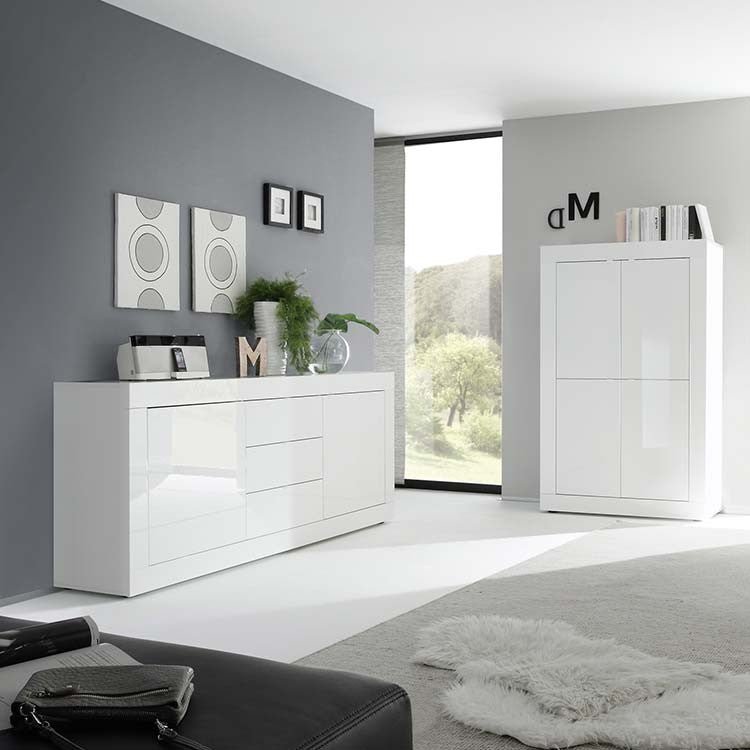 Madia moderna 2 ante 3 cassetti bianco lucido 210x43x86 - Mobili 2G