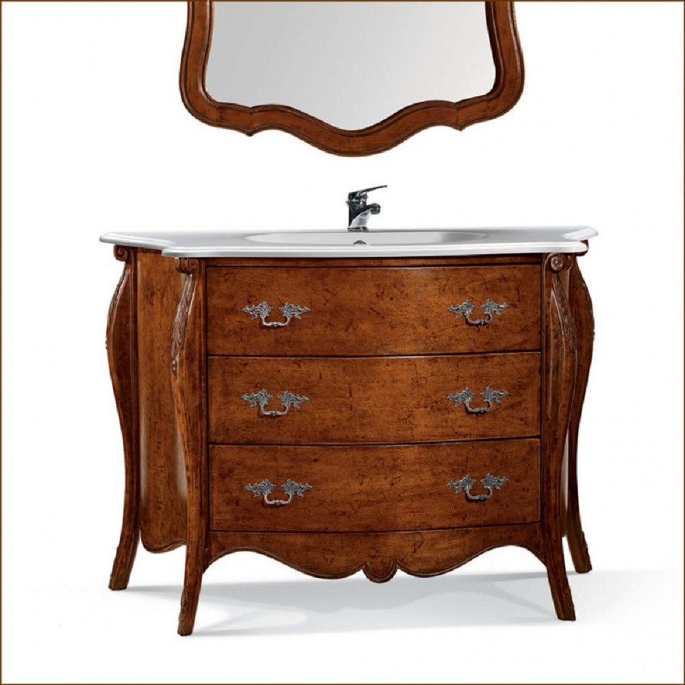 Mobile bagno bombato 122 cm in legno lavabo 3 cassetti e specchio