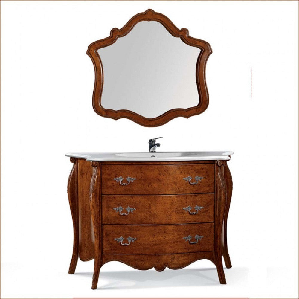Mobile bagno bombato 122 cm in legno lavabo 3 cassetti e specchio