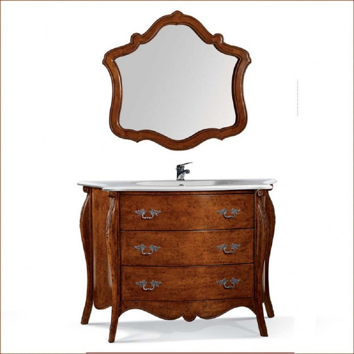 Mobile bagno bombato 122 cm in legno lavabo 3 cassetti e specchio