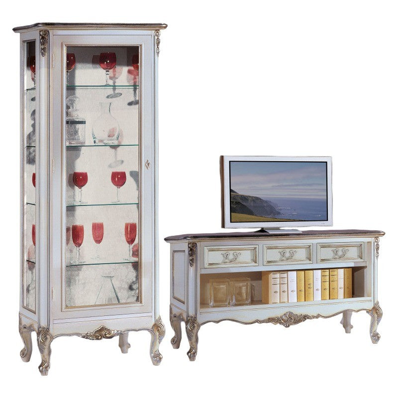 Parete attrezzata classica legno shabby bianco argento sx