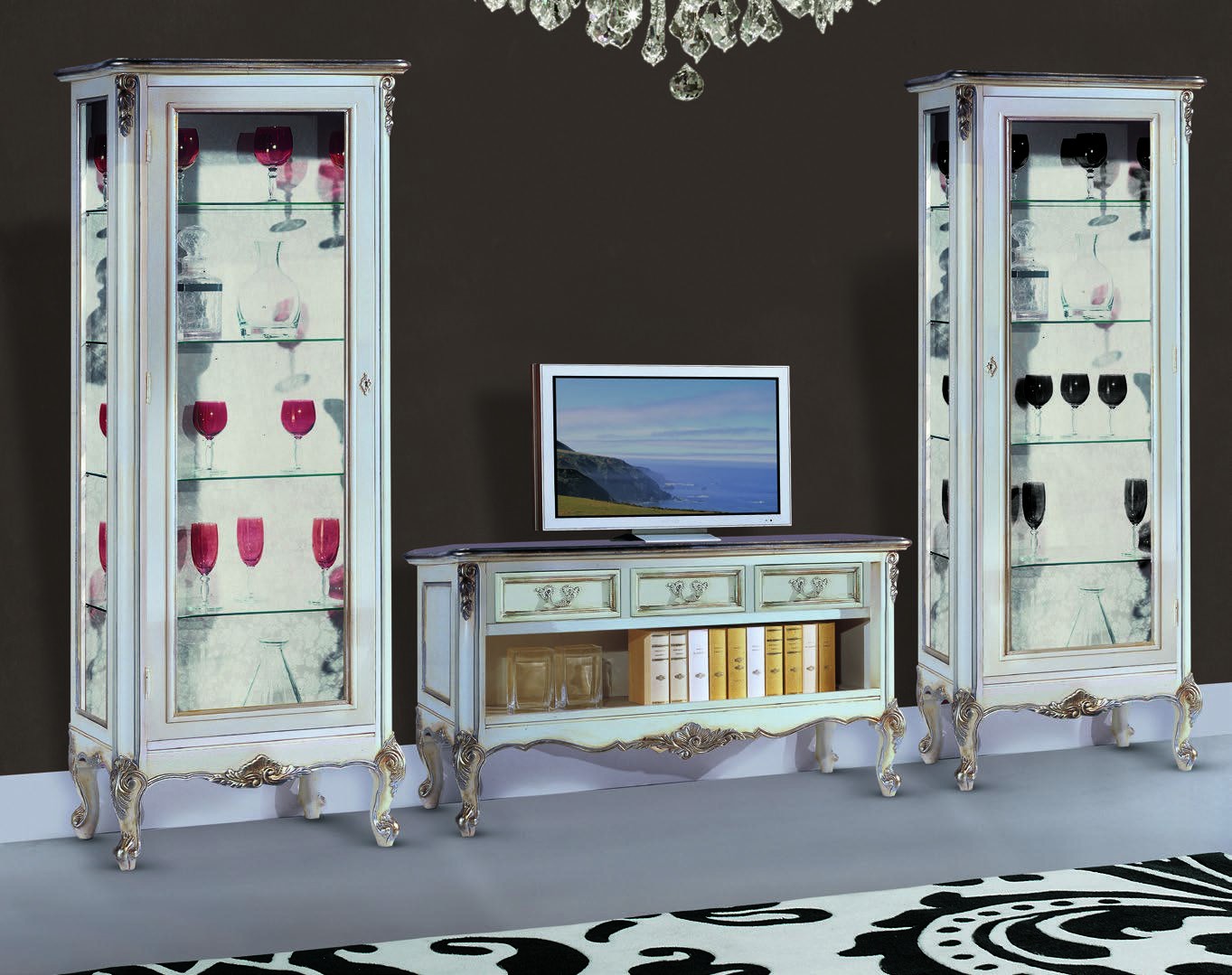 Parete attrezzata classica legno shabby bianco argento