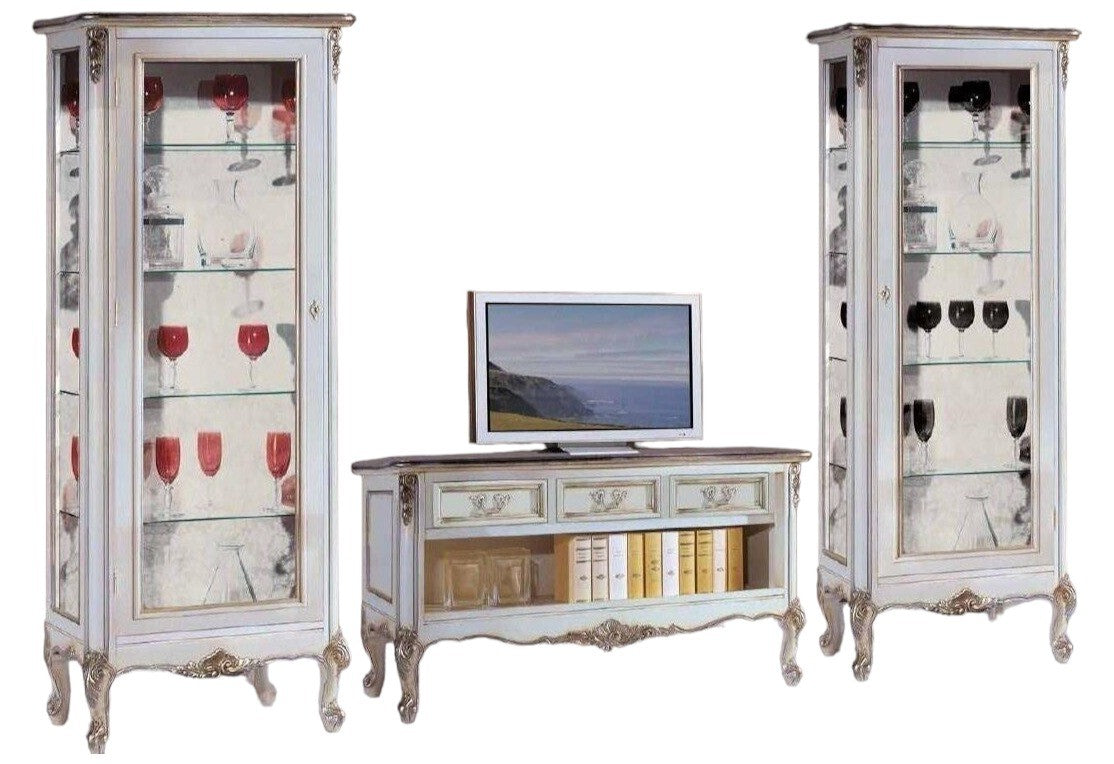 Parete attrezzata classica legno shabby bianco argento