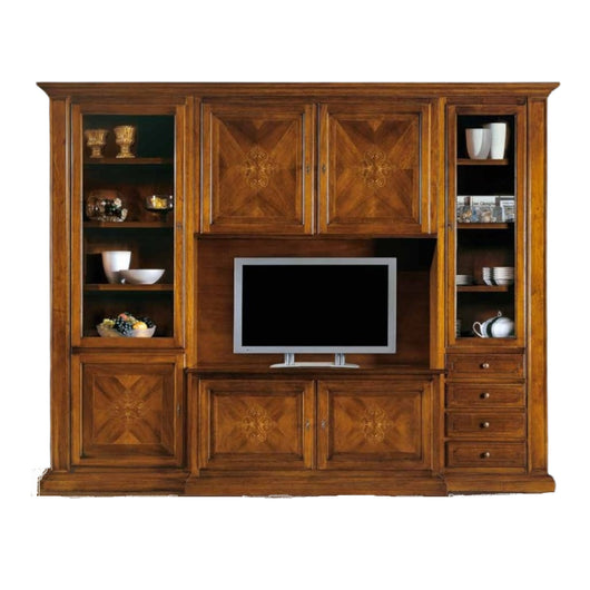 Parete attrezzata in legno tinta noce arte povera l 298 x p 56 x h 237