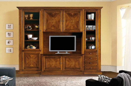 Parete attrezzata in legno tinta noce arte povera l 298 x p 56 x h 237