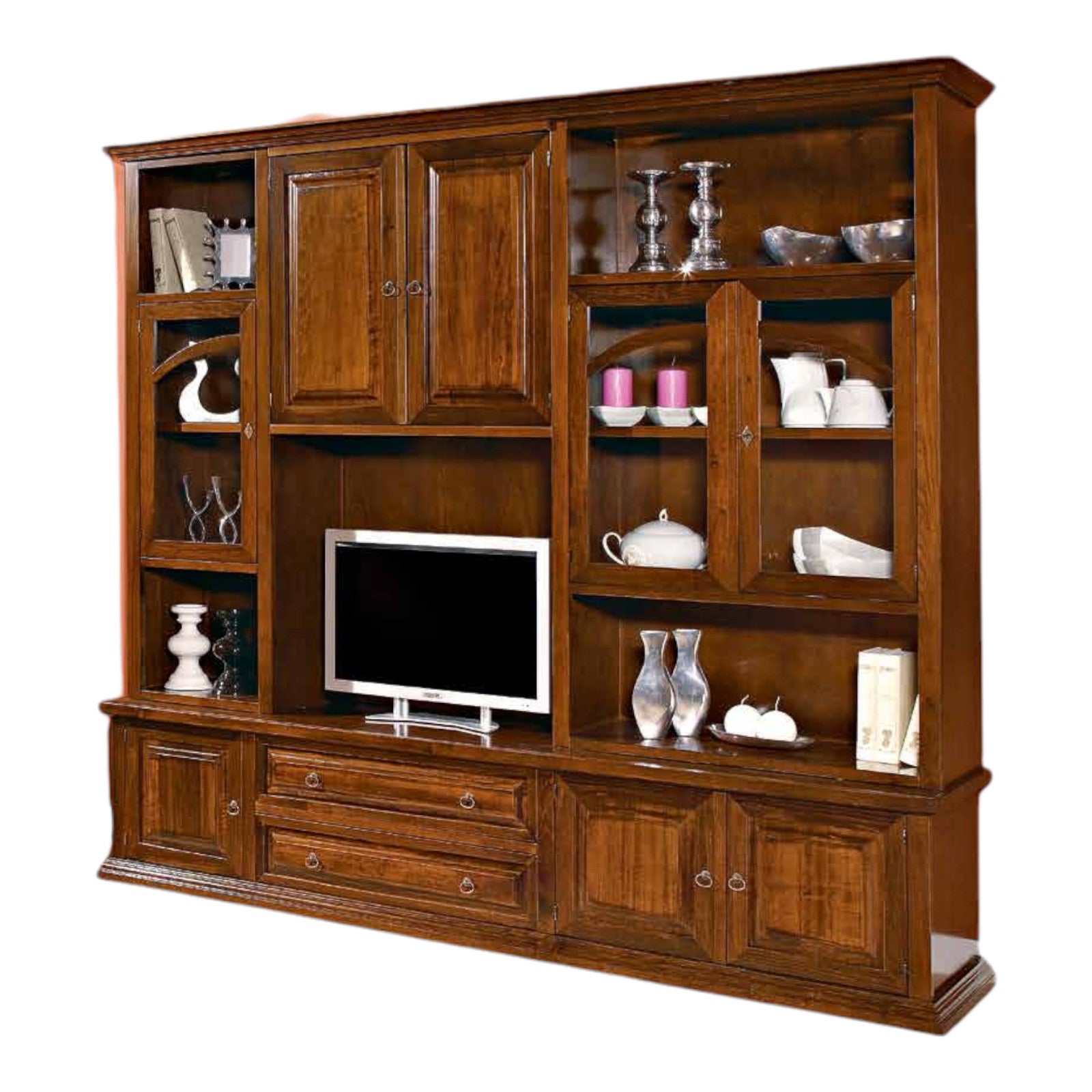 Parete attrezzata in legno tinta noce l.200x49x228