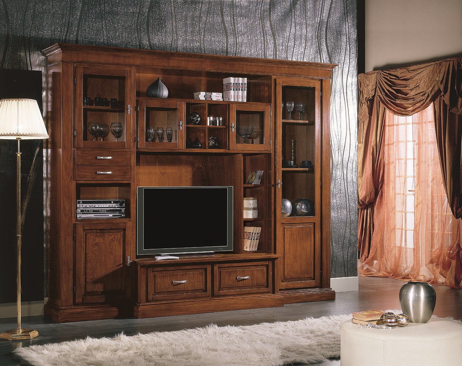 Parete attrezzata porta tv arte povera in legno tinta noce l.283 p.55 h.231