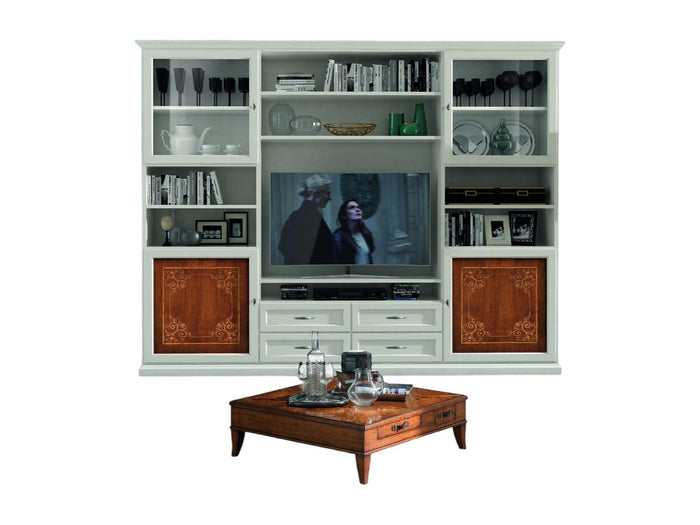 Parete attrezzata porta tv classica legno bianco e noce 300x46x240