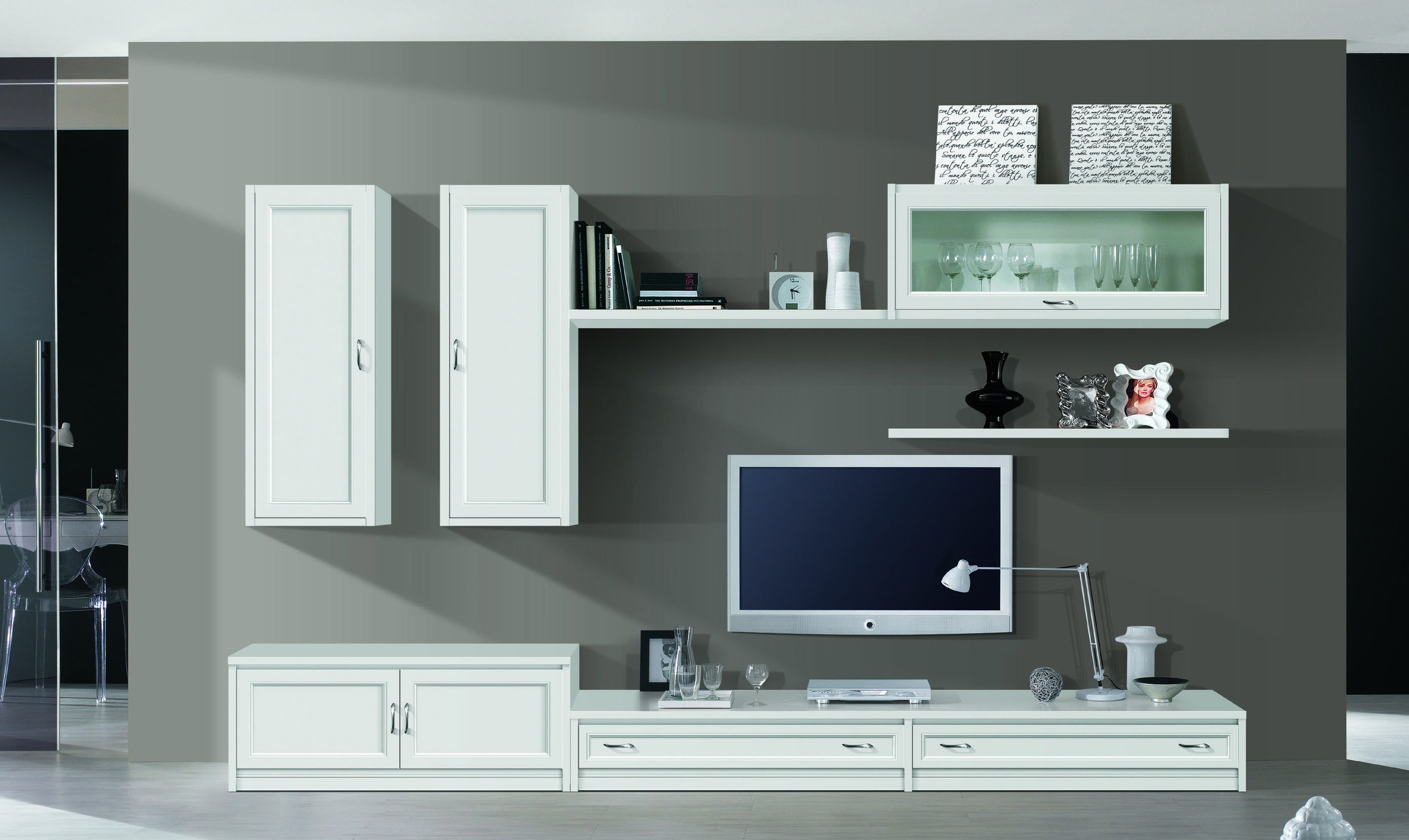 Parete attrezzata porta tv in legno bianco l.315 p.36/60 h.220