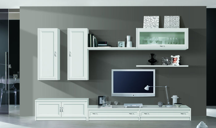 Parete attrezzata porta tv in legno bianco l.315 p.36/60 h.220