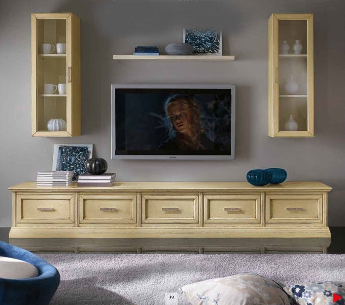 Parete attrezzata porta tv in legno shabby avorio l.303