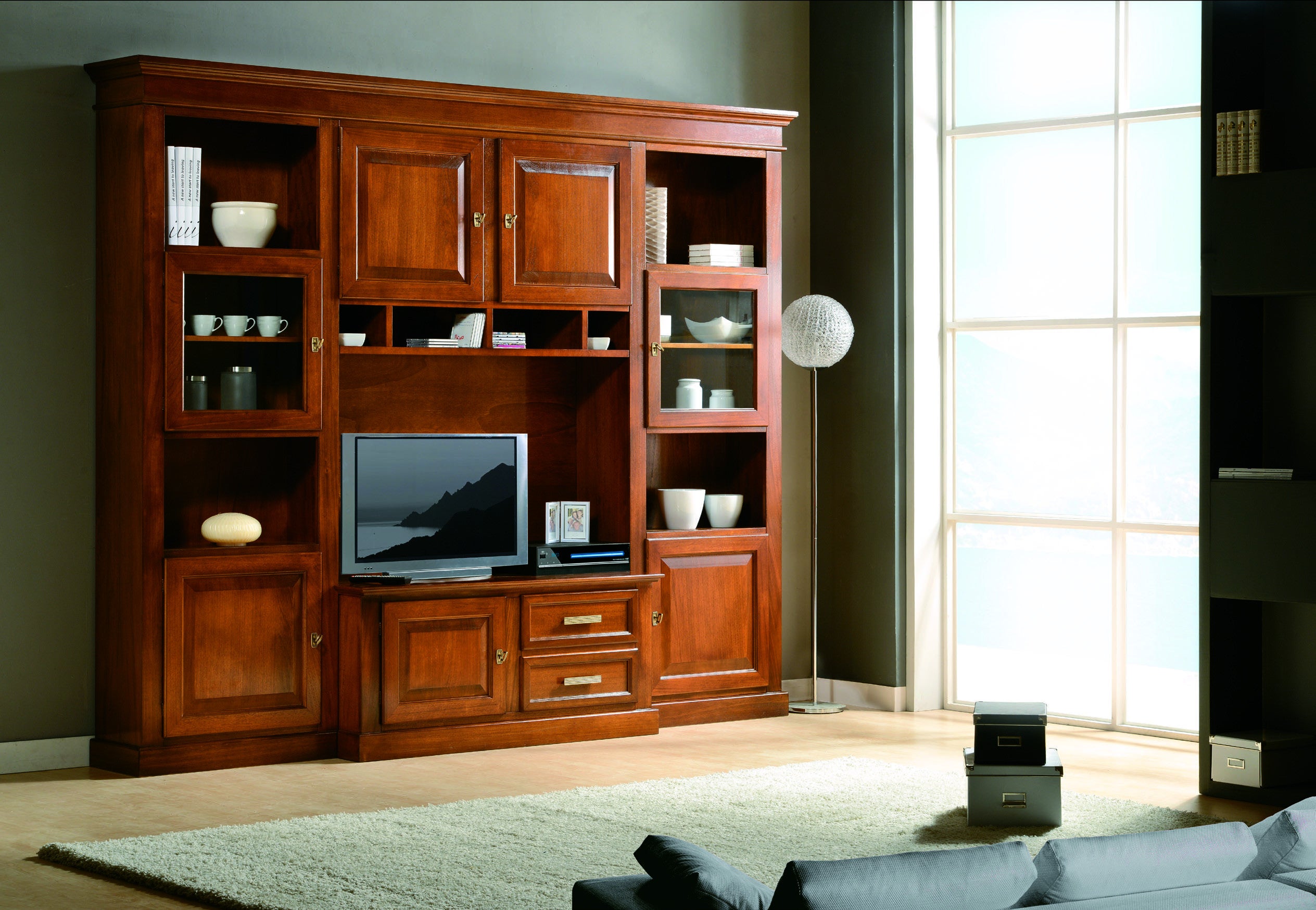 Parete attrezzata porta tv in legno tinta noce l.280 p.50 h.230