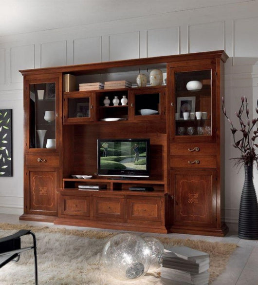 Parete attrezzata porta tv in legno tinta noce l.300 p.54 h.222