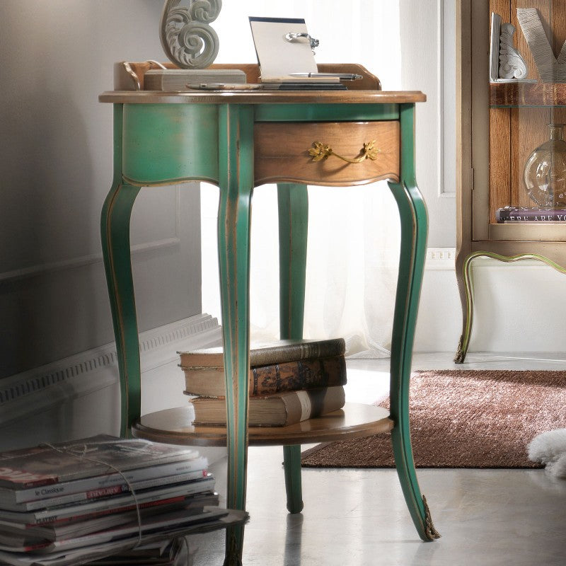 Porta telefono rotondo 1 cassetto legno verde shabby 57x57x83 - Mobili 2G