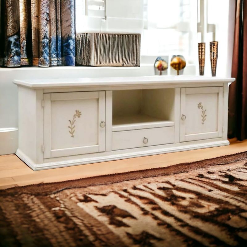 Porta tv 2 ante 1 cassetto legno shabby avorio decori 160x46x56 - Mobili 2G