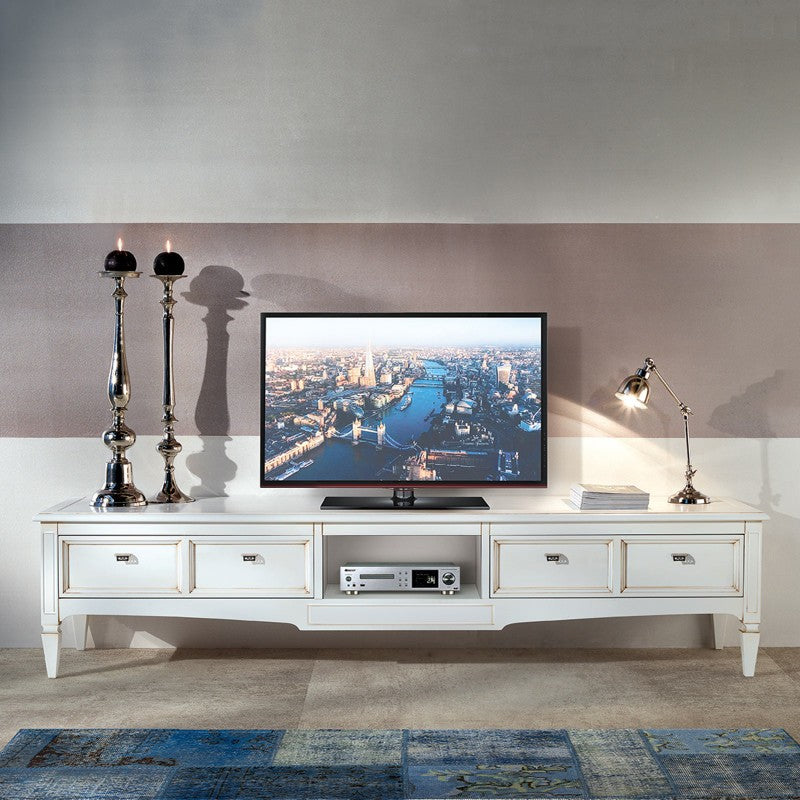 Porta tv 2 cassetti classico legno shabby bianco 220x50x51 - Mobili 2G