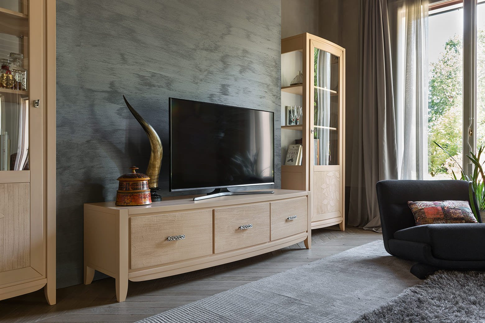 Porta tv 3 cassetti in legno con decoro onda l.180 p.51 h.50 - Mobili 2G