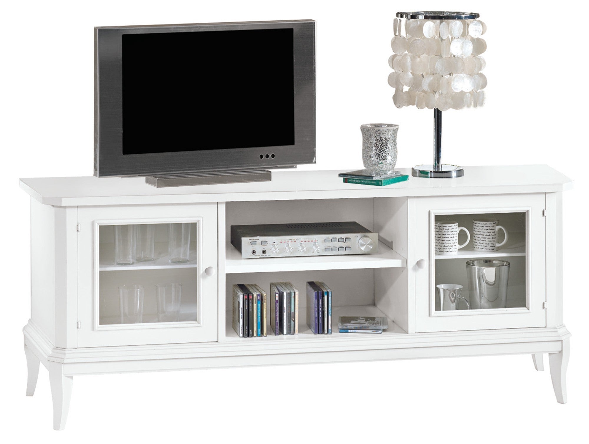 Porta tv basso in legno shabby bianco 164x46x64