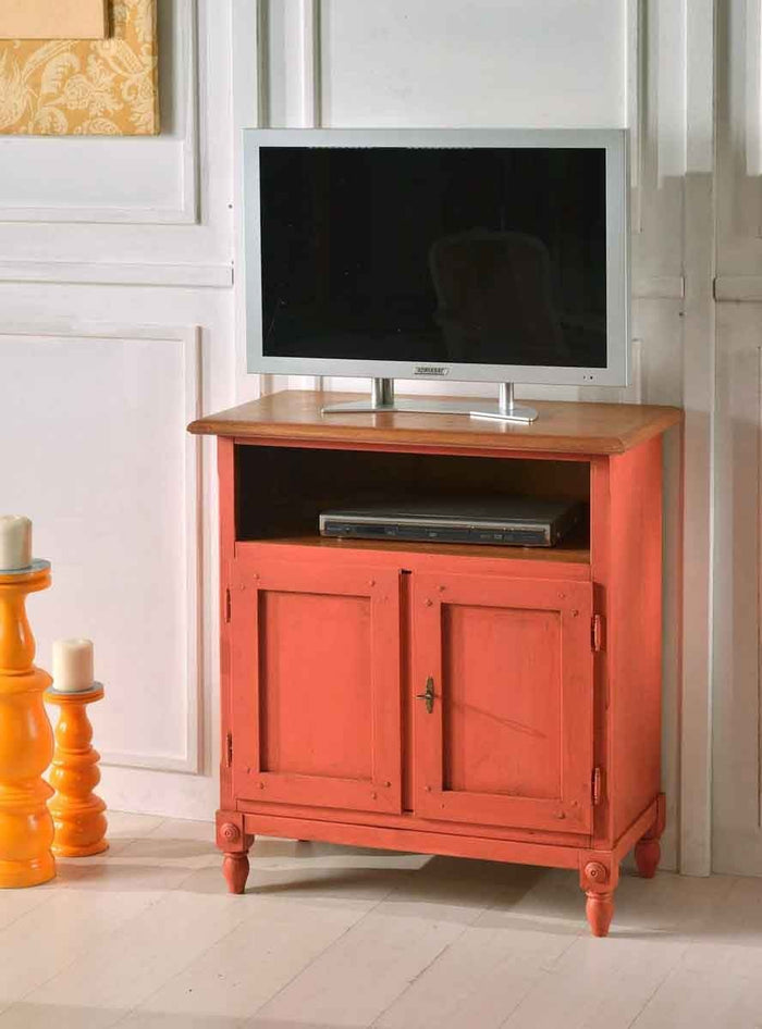 Porta tv  in legno arte povera arancione anticato/naturale 81x43x94