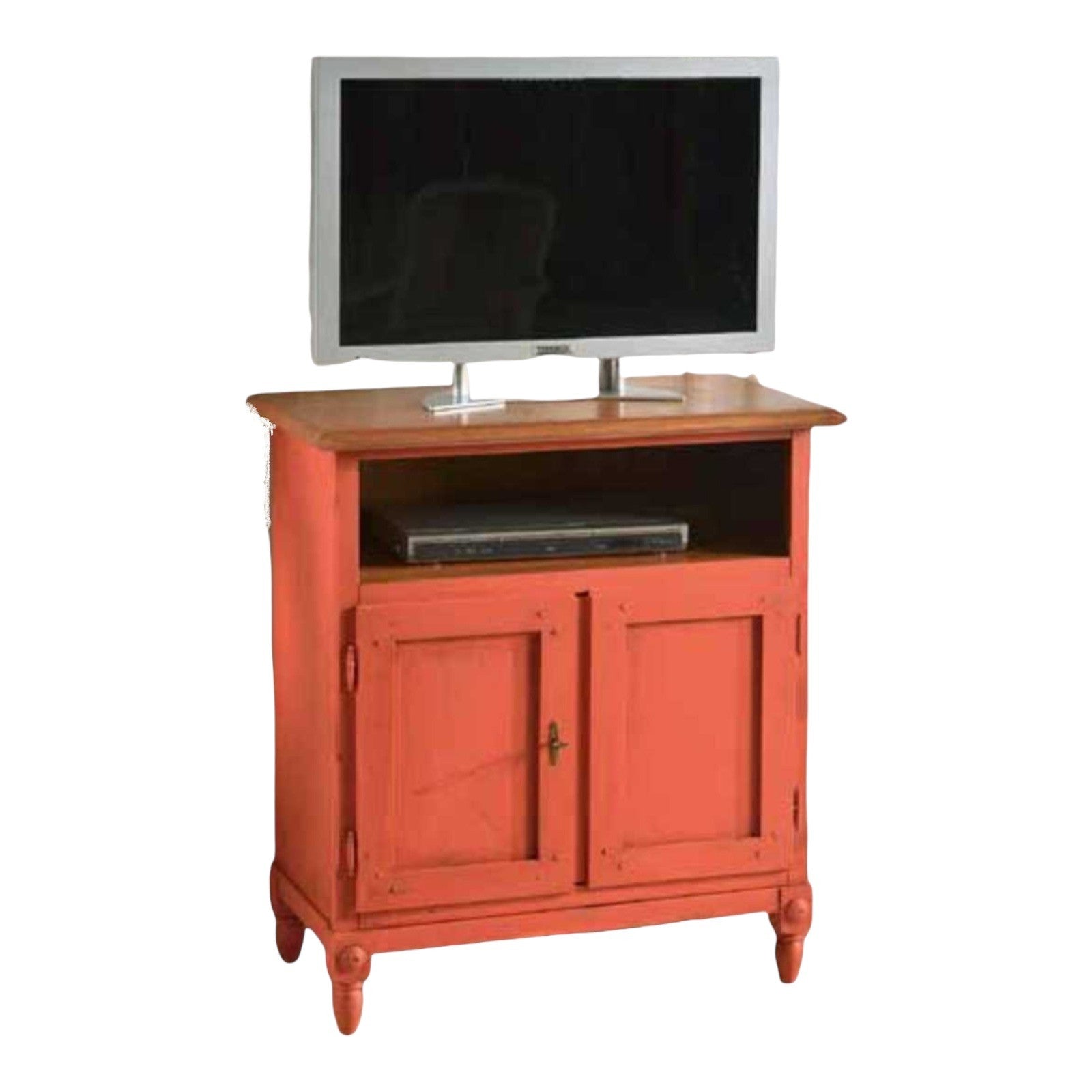 Porta tv  in legno arte povera arancione anticato/naturale 81x43x94