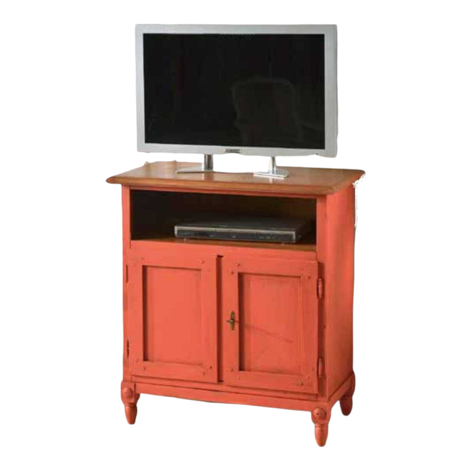 Porta tv  in legno arte povera arancione anticato/naturale 81x43x94