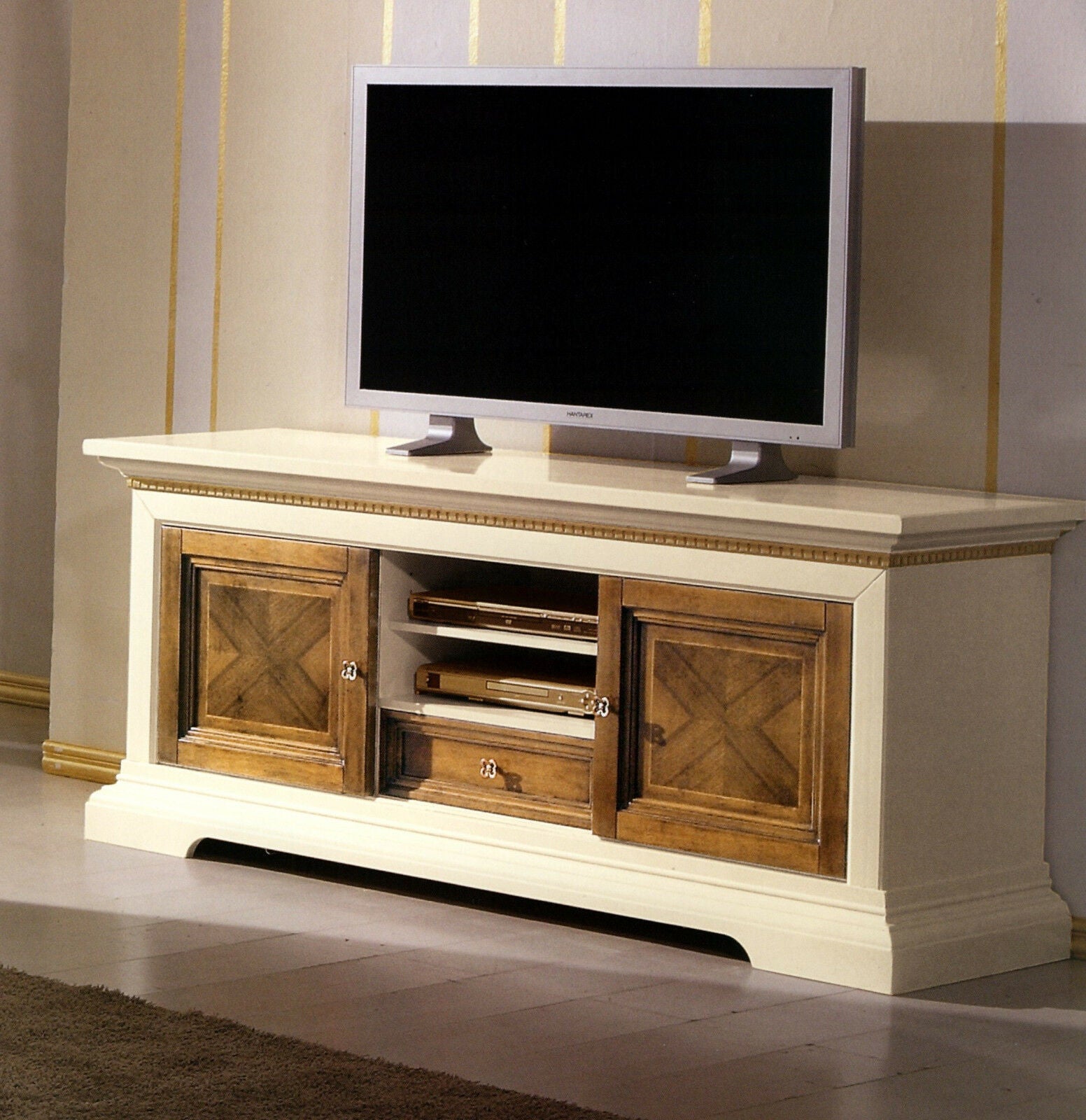 Porta tv in legno arte povera avorio e noce 169x53x75