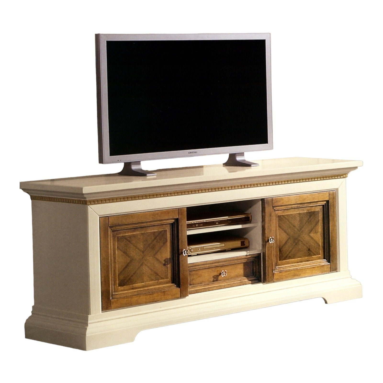 Porta tv in legno arte povera avorio e noce 169x53x75