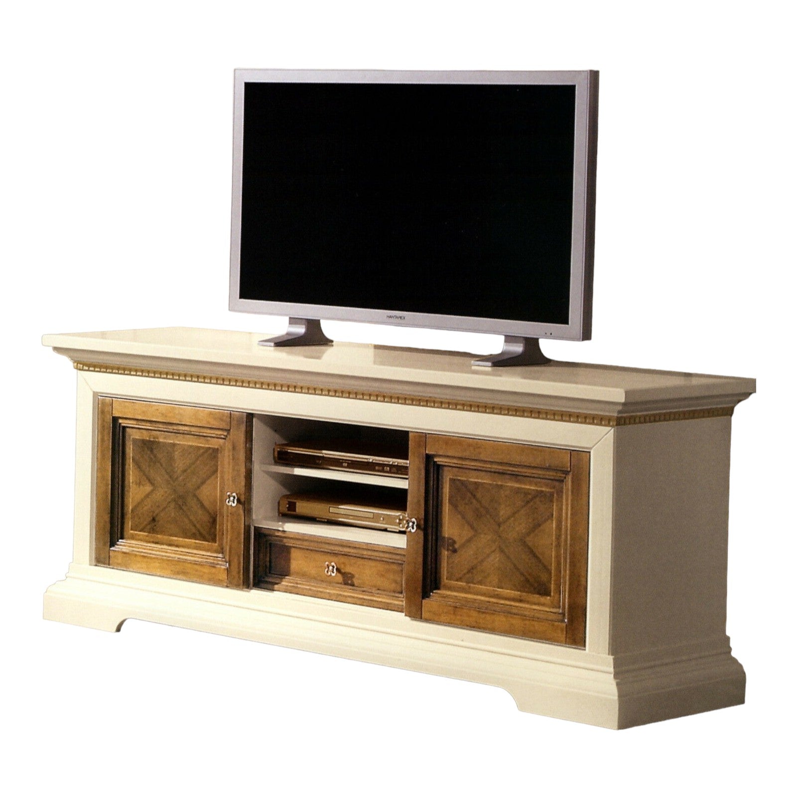 Porta tv in legno arte povera avorio e noce 169x53x75