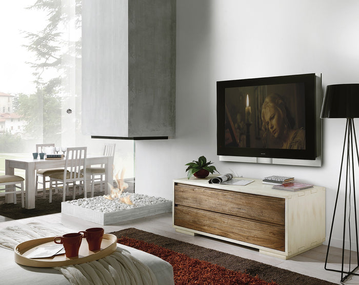 Porta tv  in legno massello shabby laccato 2 cassetti 130x54 55