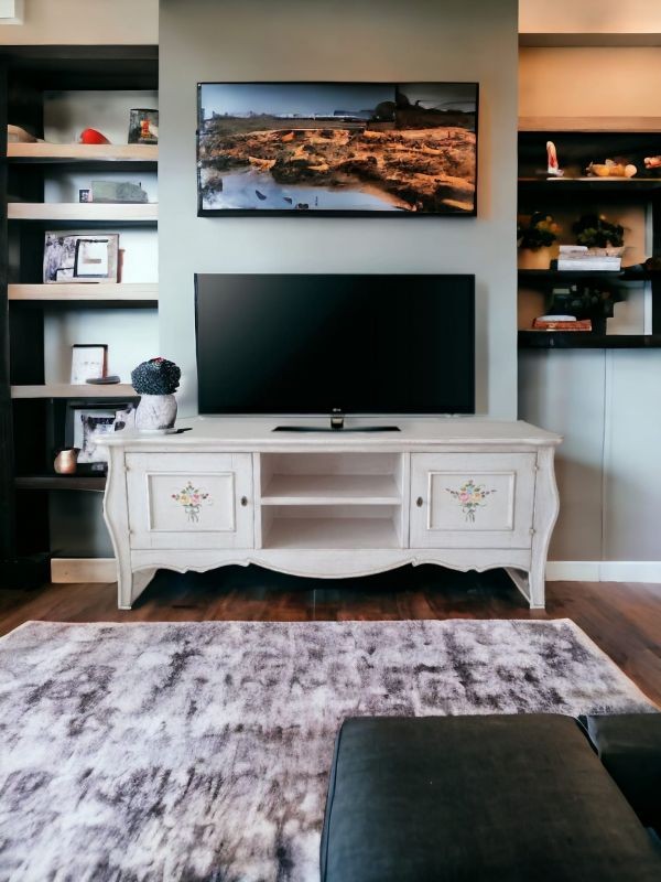 Porta tv legno shabby bianco anticato decori 160x50x61 (3084) - Mobili 2G