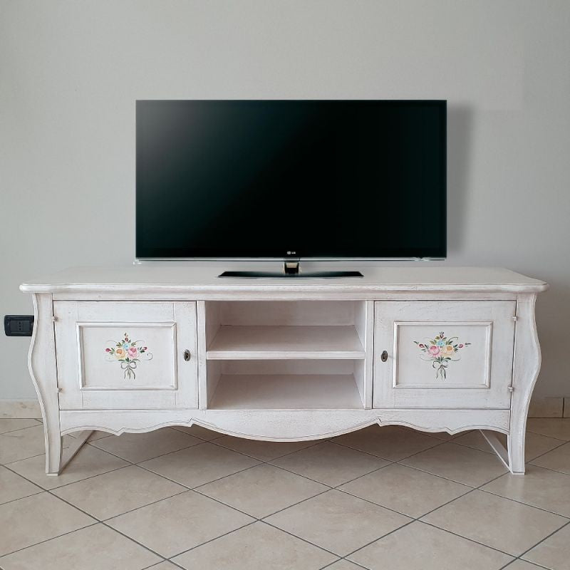 Porta tv legno shabby bianco anticato decori 160x50x61 (3084) - Mobili 2G