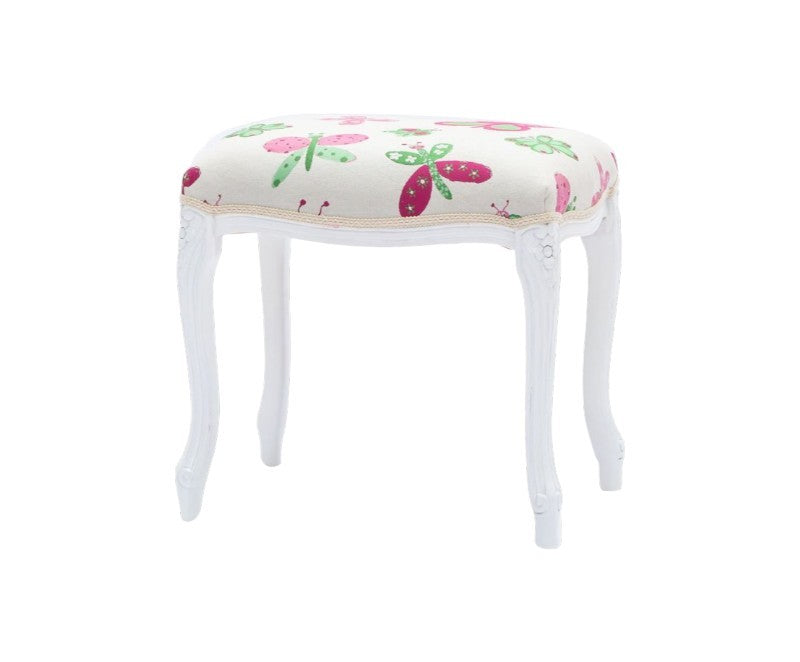 Pouff imbottito tessuto farfalla legno shabby bianco 43x33x43 - Mobili 2G