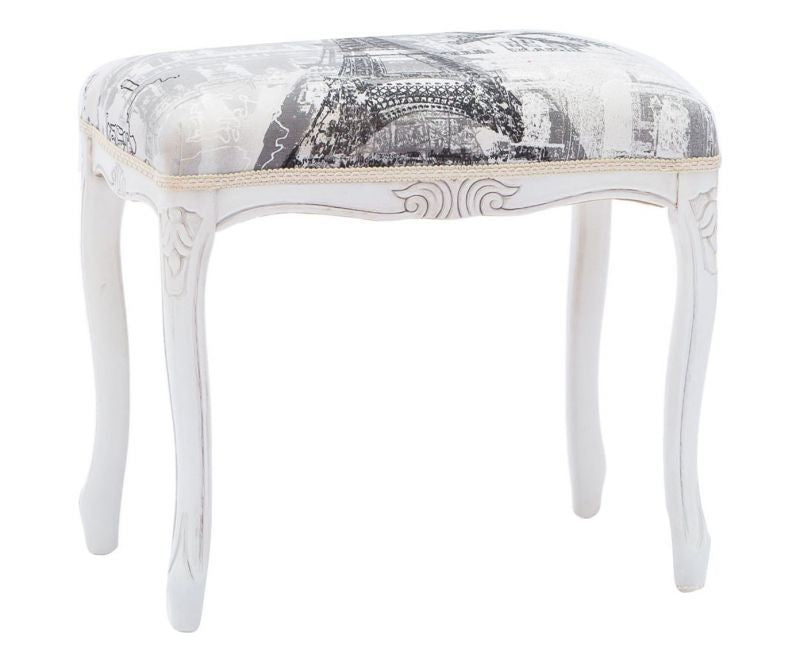 Pouff imbottito tessuto parigi legno shabby bianco 43x33x43 - Mobili 2G