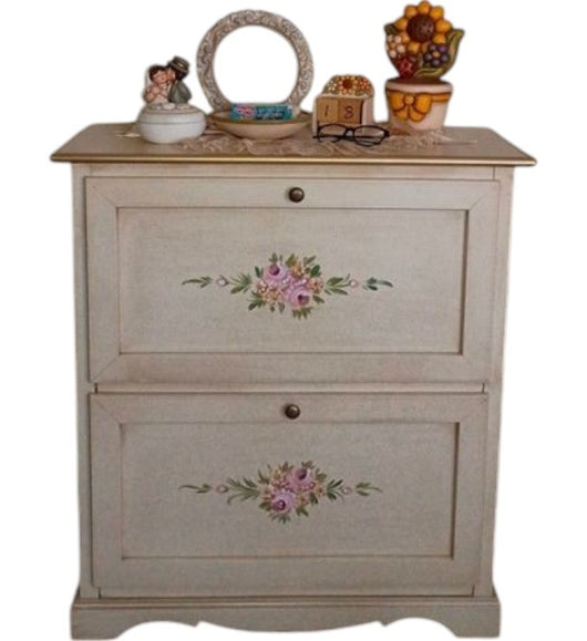  scarpiera 2 ante ribalta legno shabby avorio anticato filo oro 79x30x90 - Mobili 2G