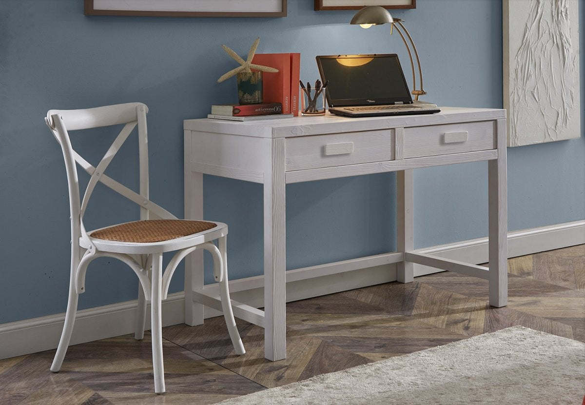 Scrivania 2 cassetti shabby bianco legno massello di abete 110x55x80 (3319) - Mobili 2G