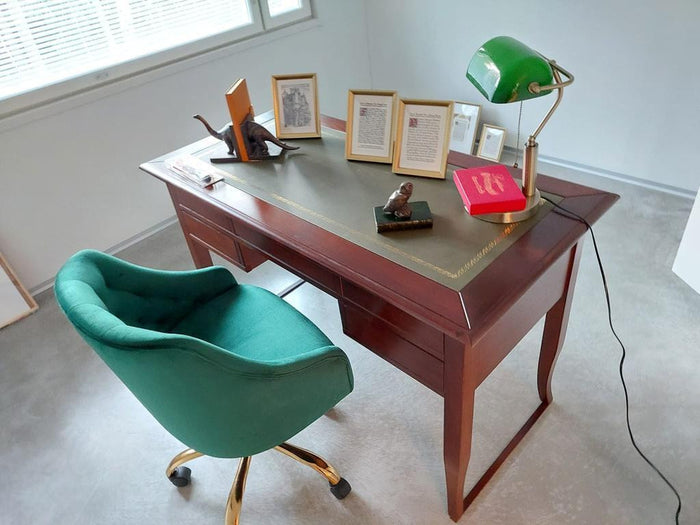 Scrivania arte povera piano pelle legno tinta noce 130x65x81 (135) - Mobili 2G