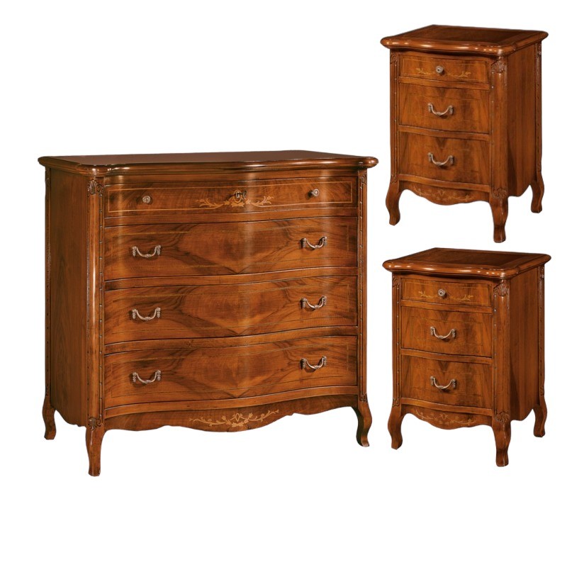 Set 1 cassettiera 2 comodini classici legno intarsio tinta noce