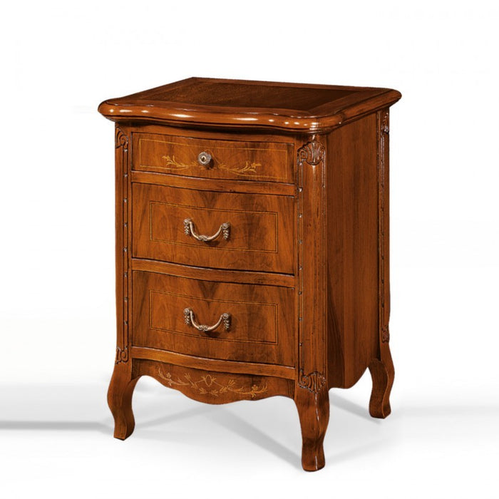 Set 1 cassettiera 2 comodini classici legno intarsio tinta noce