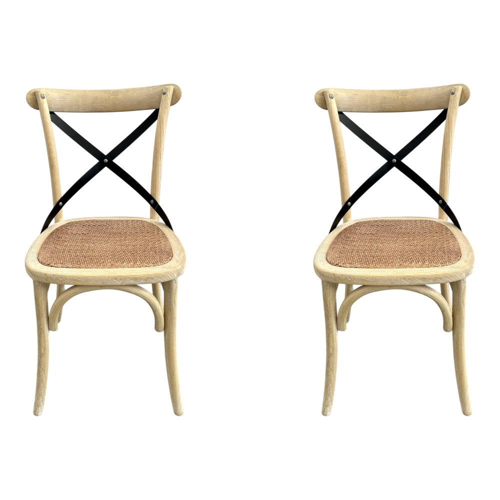 Set 2 sedie cross invecchiate naturale con schienale in ferro e seduta in rattan - Mobili 2G