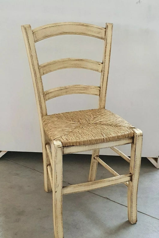 Set 2 sedie legno shabby avorio consumato seduta paglia 43x46x89 - Mobili 2G