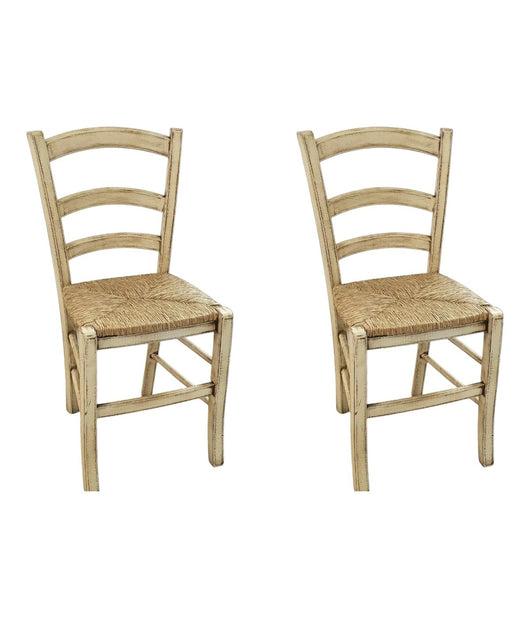 Set 2 sedie legno shabby avorio consumato seduta paglia 43x46x89 - Mobili 2G