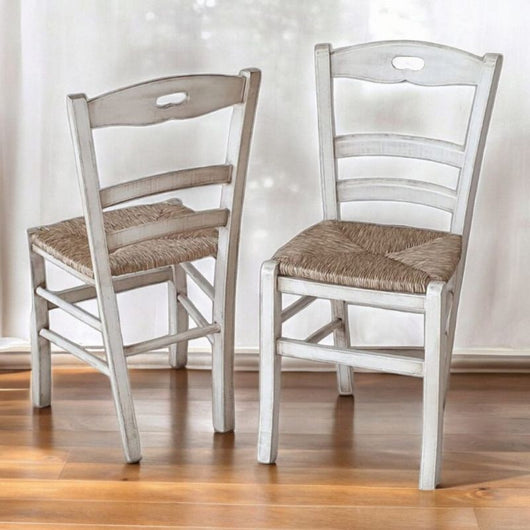 Set 2 sedie legno shabby bianco consumato seduta paglia 43x46x89 - Mobili 2G