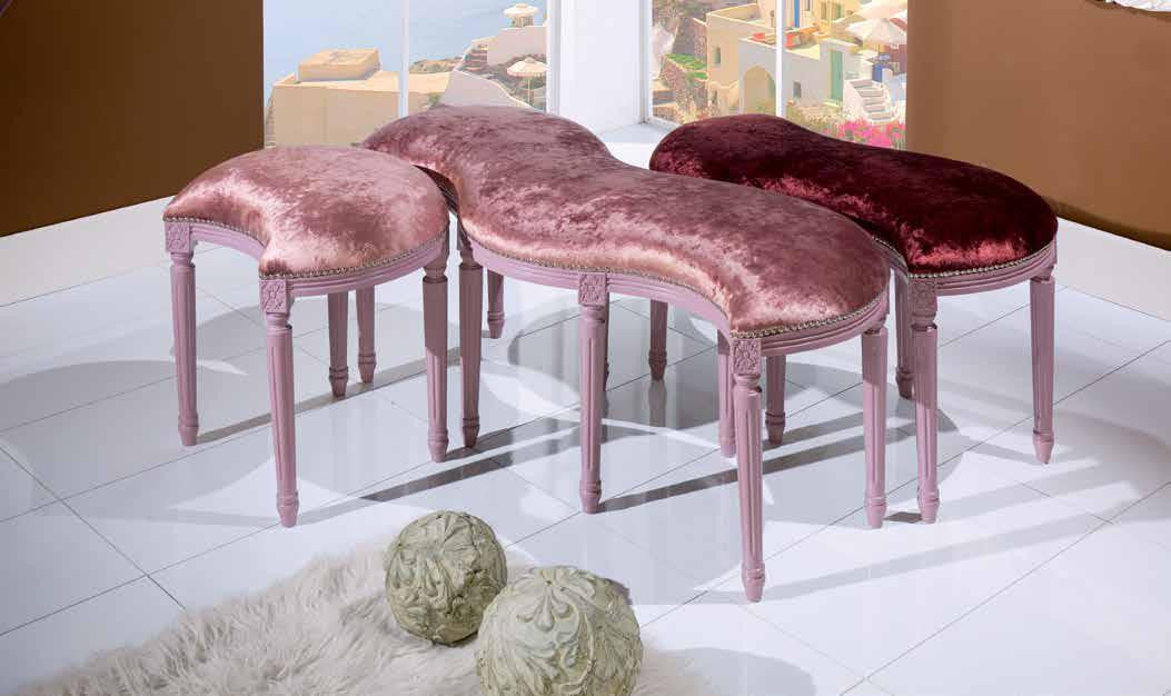 Set 3 panche shabby rosa imbottite in legno intagliato