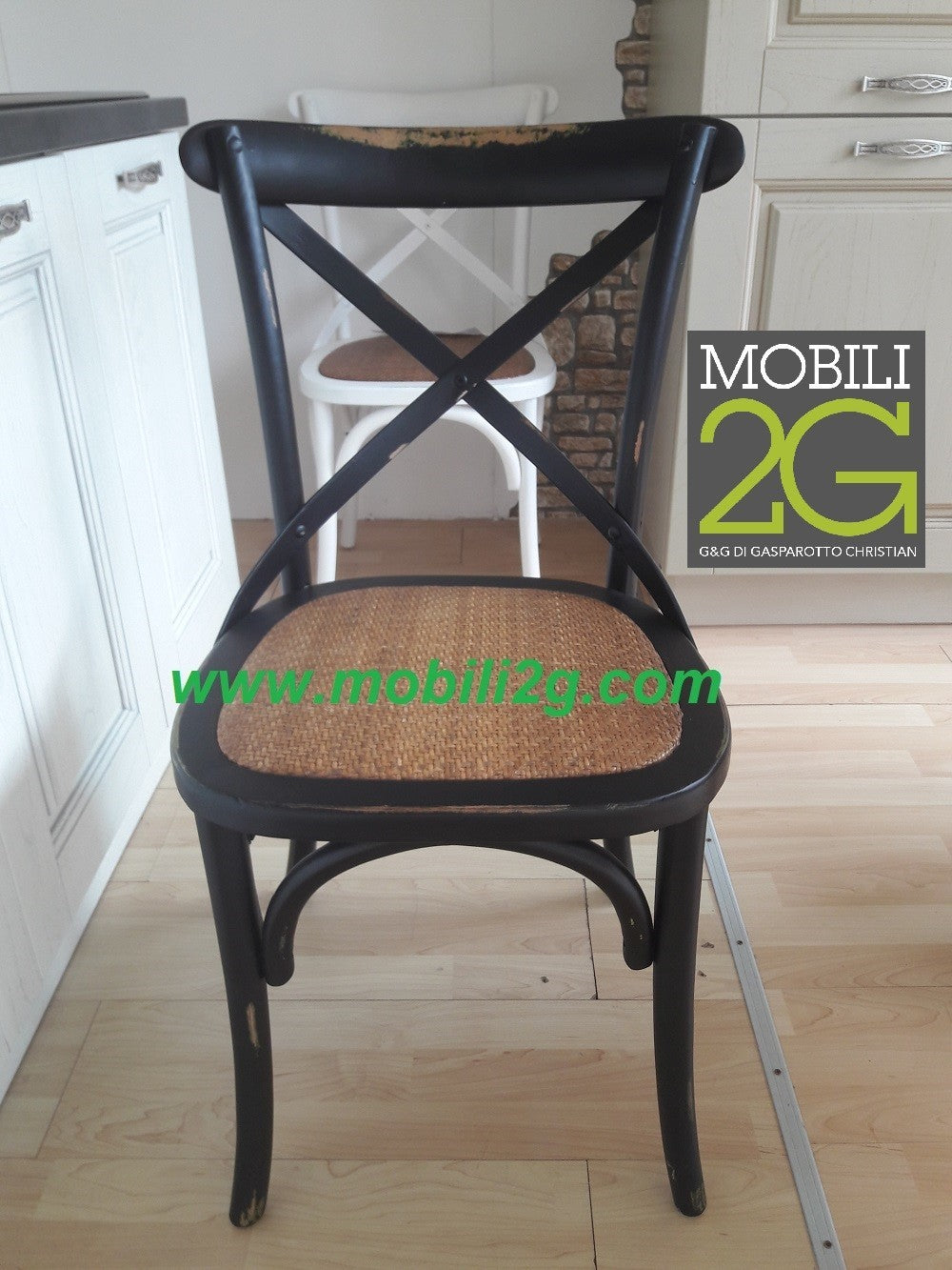 Set 4 sedie cross bistrot  vintage nero in olmo seduta rivestita naturale