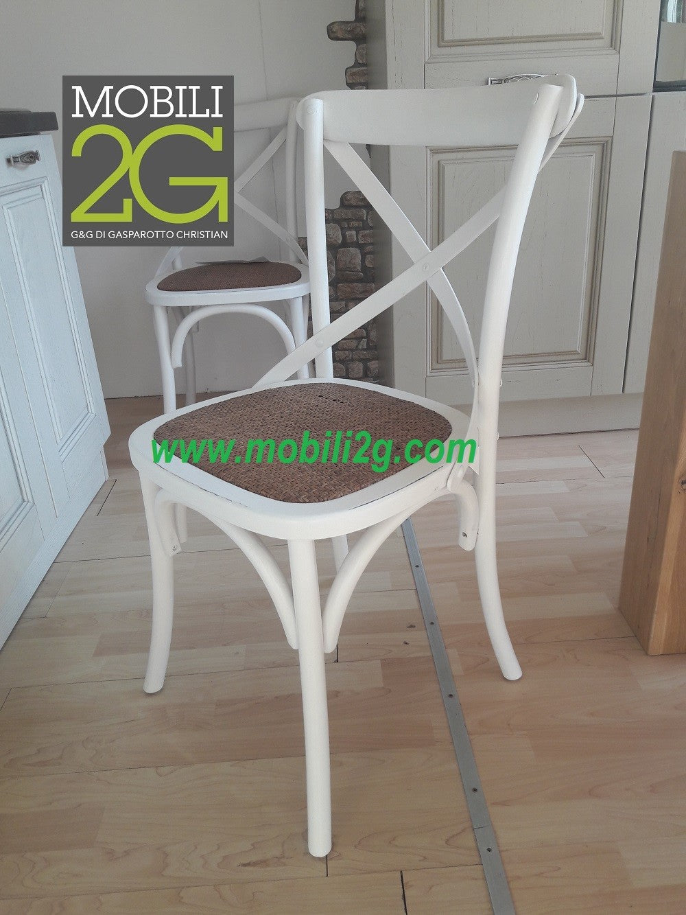 Set 6 sedie cross bistrot shabby vintage bianco olmo seduta rivestita rattan naturale modello